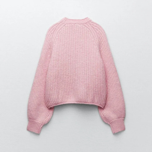 Zara Purl Knit Crop  Wool Alpaca Balloon Sleeve Knit Sweater Light Pink Sz Small - Picture 5 of 10